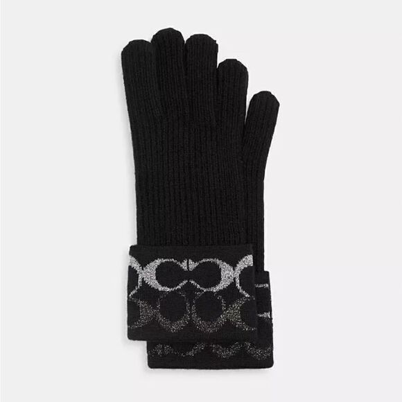 NWT New Women's Coach Black Logo Metallic Knit Tech Gloves/Mittens OS Winter - Picture 1 of 9